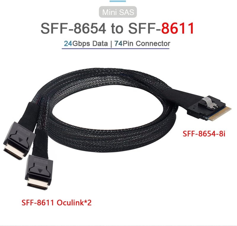 Cablecc PCI-E Ultraport Slimline SAS Slim 4.0 SFF-8654 8i 74pin to Dual Oculink SFF-8611 Cable 50cm PCI-Express - Image 2